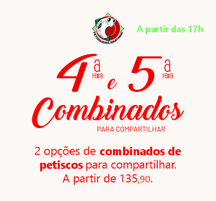 promoção da petisqueira martinho, servida toda quarta e quinta-feira, a partir das 17h. 2 opções de combinados para compartilhar.